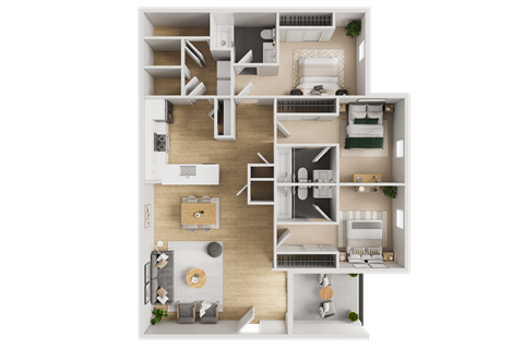 Floor plan for 3 beds, 3 baths, 1364 sqft